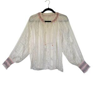 Johnny Was Silk Boho Top Womens Medium Embroidered Smocked Hippie Bishop Balloon